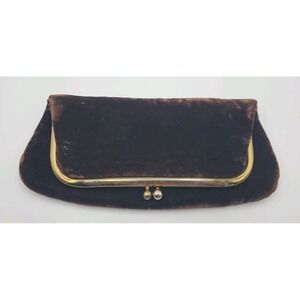 Vtg JR USA Velour Evening Hand Bag Purse Clutch Large Folding Kiss Lock Brown